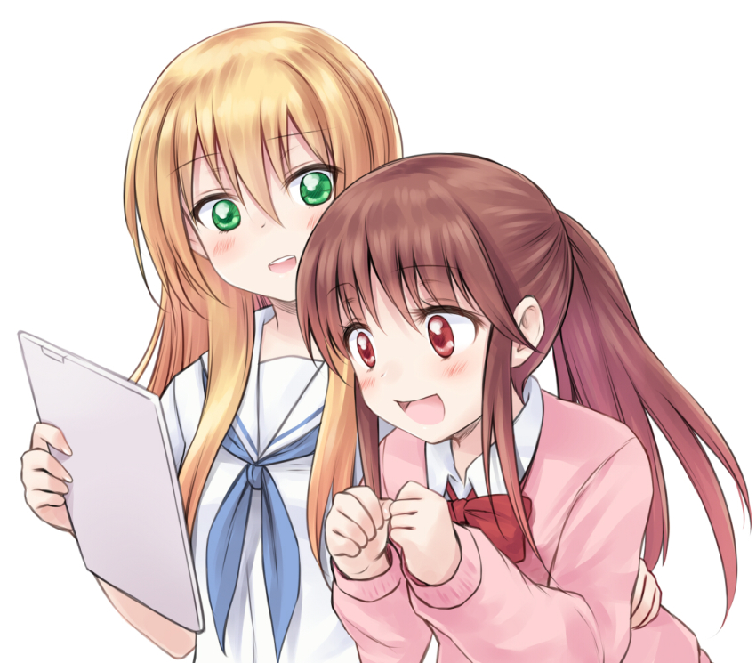 10s 2girls blonde_hair blush brown_hair green_eyes long_hair multiple_girls oohoshi_awai open_mouth ponytail red_eyes saki saki_(manga) saki_achiga-hen school_uniform smile suzushiro_yukari tablet_pc takakamo_shizuno