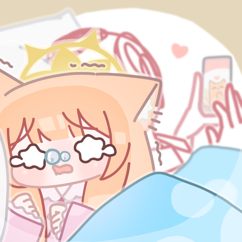 1boy 1girl absurdres animal_ear_fluff animal_ears blanket blue_archive blunt_bangs blush cellphone chibi doodle_sensei_(blue_archive) halo hands_up heart highres holding holding_phone horuhara jealous long_hair long_sleeves mari_(blue_archive) neck_ribbon open_mouth orange_hair pajamas phone photo-referenced pink_pajamas polka_dot polka_dot_pajamas ribbon sensei_(blue_archive) sleeves_past_wrists smartphone under_covers upper_body wavy_eyes yellow_halo