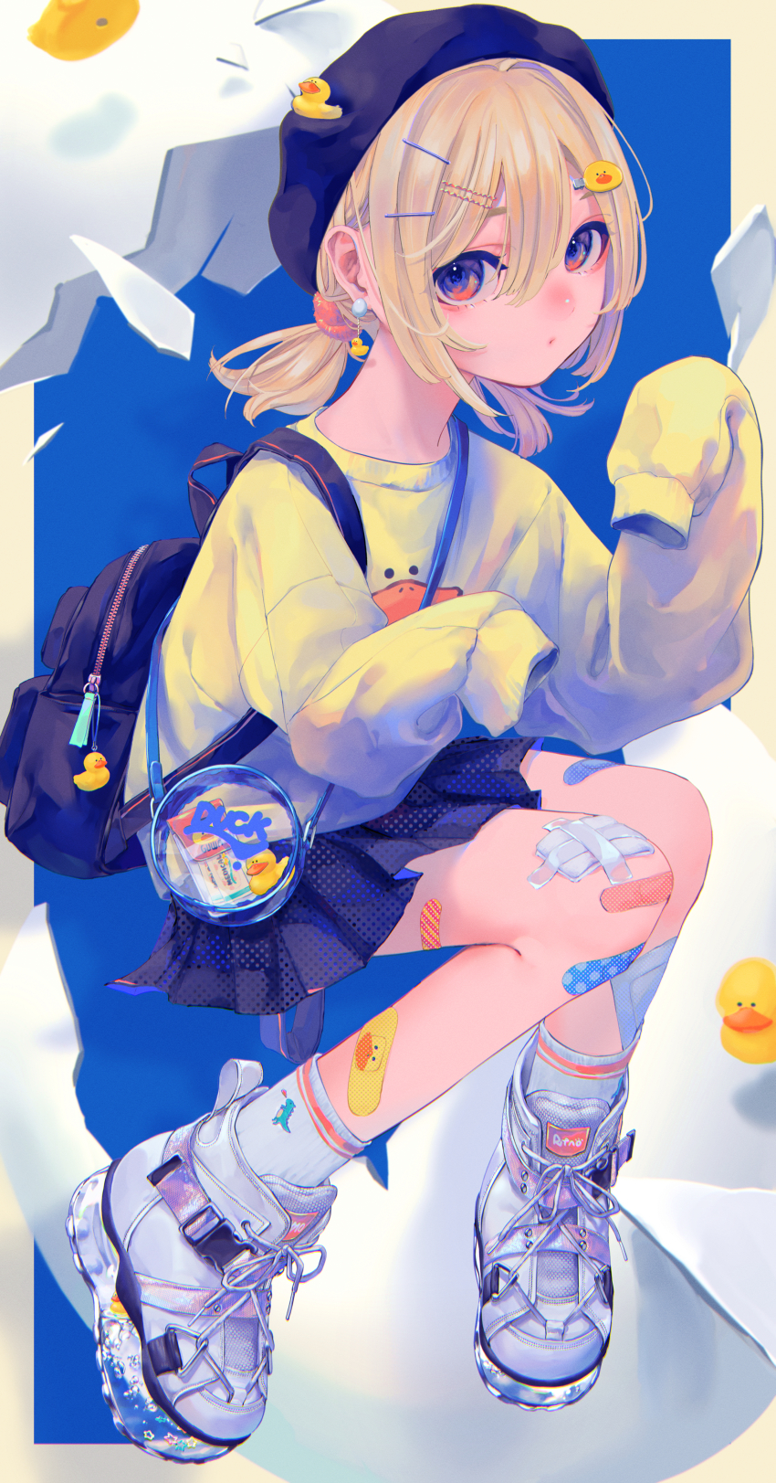 1girl absurdres backpack bag bandaid bandaid_on_knee bandaid_on_leg beret blonde_hair earrings hair_ornament hairclip hat highres huge_filesize jewelry long_sleeves looking_at_viewer original pleated_skirt purple_eyes ritao_kamo rubber_duck shoes skirt sleeves_past_wrists sneakers socks solo twintails white_socks