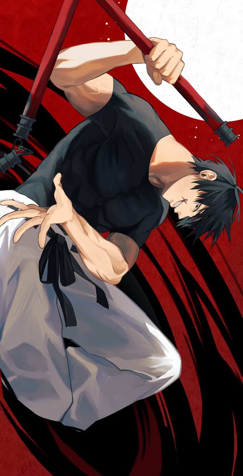 1boy abs absurdres black_hair black_shirt blue_eyes fushiguro_touji grin highres holding holding_nunchaku holding_weapon jujutsu_kaisen male_focus muscular muscular_male nunchaku pants pectorals scar scar_on_face scar_on_mouth shirt short_hair short_sleeves skin_tight smile solo teeth tune_oekk weapon white_pants