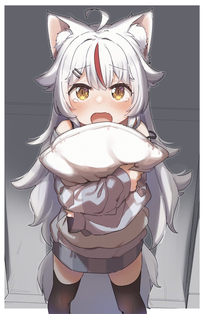 1girl ahoge animal_ear_fluff animal_ears black_thighhighs commission crying d: fang fox_ears fox_girl fox_tail highres hugging_object indie_virtual_youtuber kamiko_kana long_hair long_sleeves looking_at_viewer multicolored_hair off_shoulder open_mouth oversized_clothes pillow pillow_hug red_hair second-party_source skeb_commission skin_fang sleeves_past_wrists strap_slip streaked_hair sweater tail tears thighhighs very_long_hair virtual_youtuber white_hair yellow_eyes yukie_(kusaka_shi)