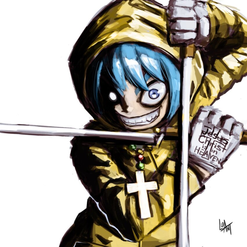 1girl alexander_anderson bead_necklace beads blue_eyes clenched_teeth commentary crazy_eyes crazy_grin crazy_smile cross dual_wielding english_commentary gloves glowing glowing_eye grin hellsing highres holding hood hood_up hooded_coat jewelry jubilee_2025 latin_cross looking_at_viewer luant luce_(jubilee_2025) necklace painterly parody rosary scene_reference short_hair signature simple_background smile teeth upper_body v-shaped_eyebrows white_background white_gloves yellow_raincoat