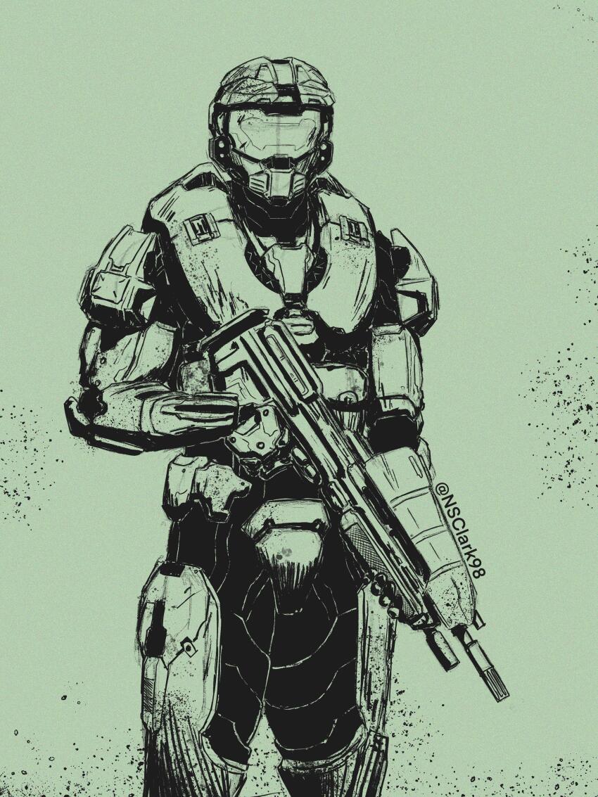 1boy absurdres armor assault_rifle assault_visor bullpup commentary english_commentary gloves gun halo_(series) helmet highres holding holding_gun holding_weapon looking_at_viewer ma5 male_focus master_chief monochrome nsclark98 power_armor rifle solo spartan_(halo) trigger_discipline weapon