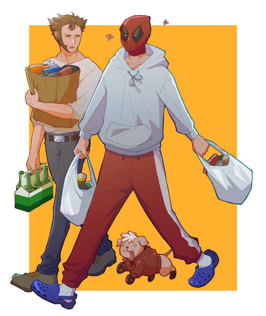 2boys animification bag belt brown_bag brown_hair commentary_request couple crocs deadpool deadpool_&amp;_wolverine deadpool_(series) dog doghooouse dogpool drink facial_hair food full_body glass_bottle green_eyes highres holding holding_bag hood hood_down hoodie long_sleeves looking_at_another male_focus marvel marvel_cinematic_universe mask multiple_boys pants red_mask shopping_bag short_hair socks tongue tongue_out white_hoodie wolverine_(x-men) x-men yaoi