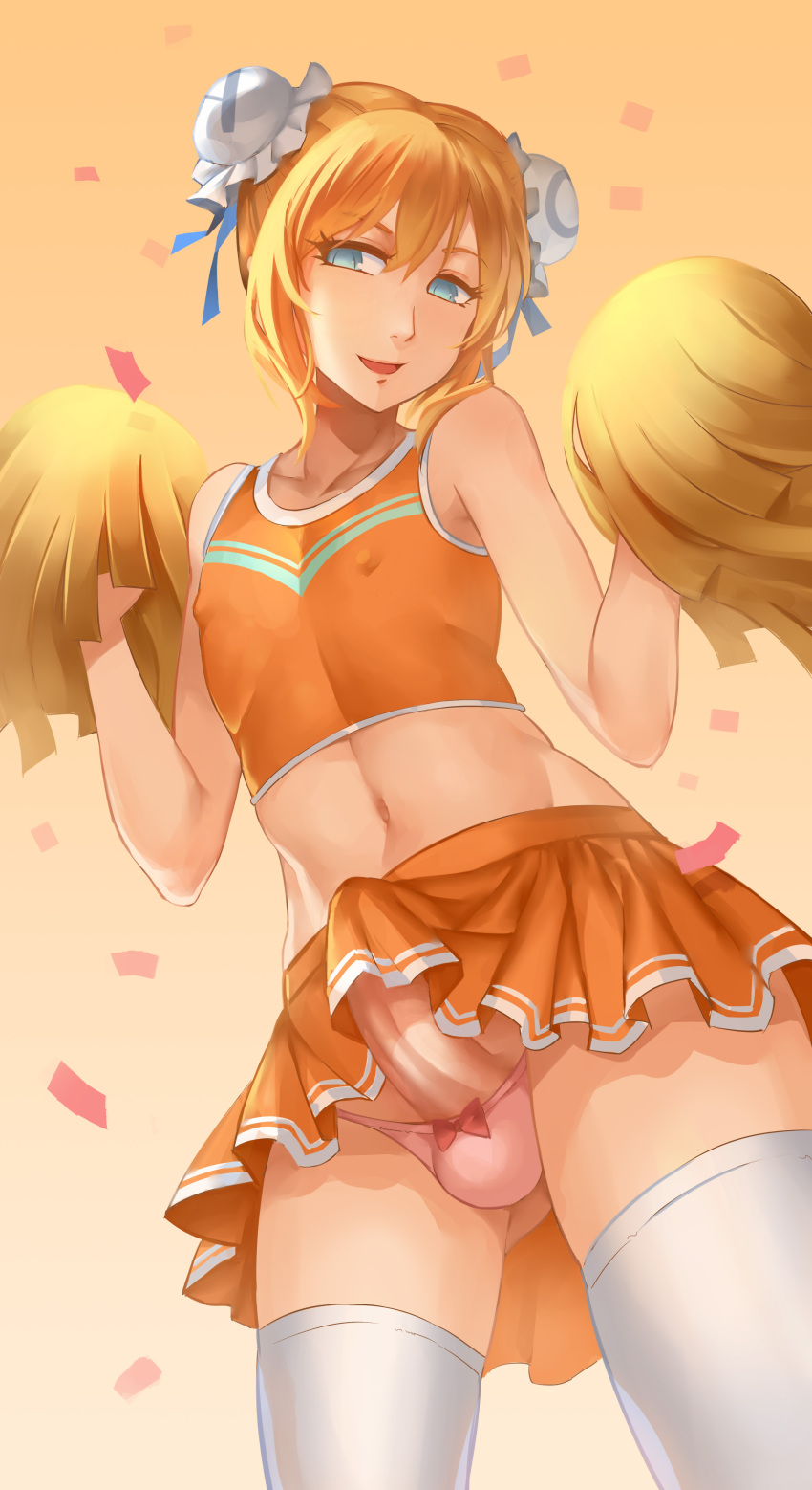 1boy absurdres acfun acfun_girl androgynous blonde_hair blue_eyes blush bow bow_panties bulge bun_cover cheerleader crossdressing double_bun erection erection_under_clothes hair_bun highres looking_at_viewer madcocoon male_focus midriff open_mouth original panties penis penis_in_panties pom_pom_(cheerleading) short_hair smile solo thighhighs trap uncensored underwear white_thighhighs