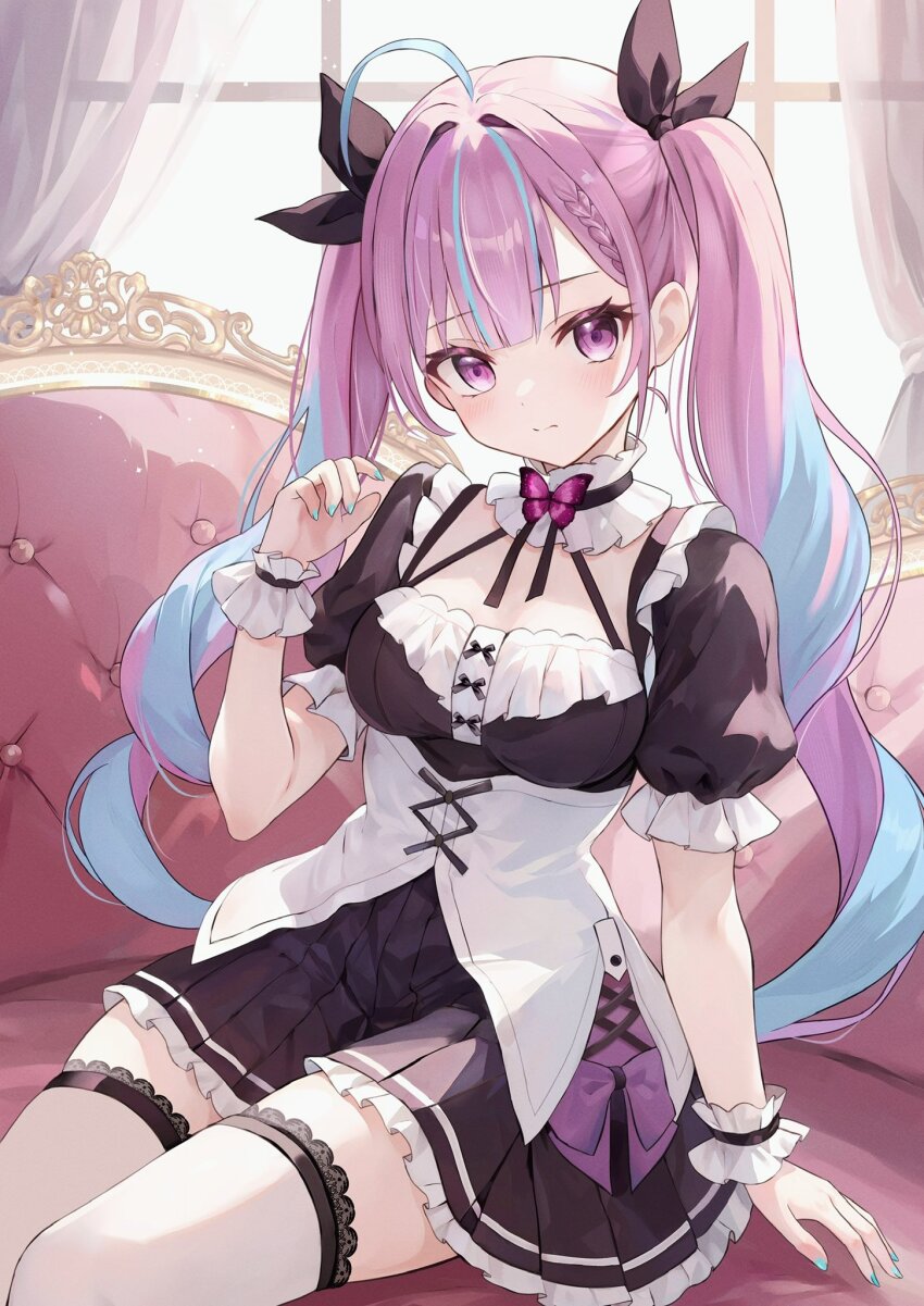 1girl ahoge aria_(ariacue) black_bow black_dress blue_hair blue_nails blush bow breasts butterfly_ornament corset couch detached_collar dress frilled_dress frills highres hololive long_hair looking_at_viewer medium_breasts minato_aqua multicolored_hair on_couch pink_eyes pink_hair sitting solo thighhighs twintails two-tone_hair virtual_youtuber white_corset white_thighhighs wrist_cuffs