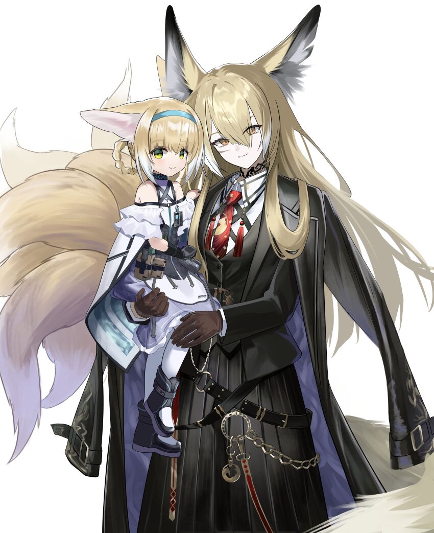 2girls absurdres animal_ears arknights black_gloves black_jacket blue_dress braid braided_hair_rings carrying carrying_person closed_mouth commentary_request dress fox_ears fox_girl fox_tail gloves green_eyes hair_rings highres infection_monitor_(arknights) iricci jacket kitsune korean_commentary kyuubi long_hair long_sleeves looking_at_viewer mother_and_daughter multiple_girls multiple_tails orange_eyes pantyhose short_hair smile suzuran_(arknights) tail vulpisfoglia_(arknights) white_pantyhose