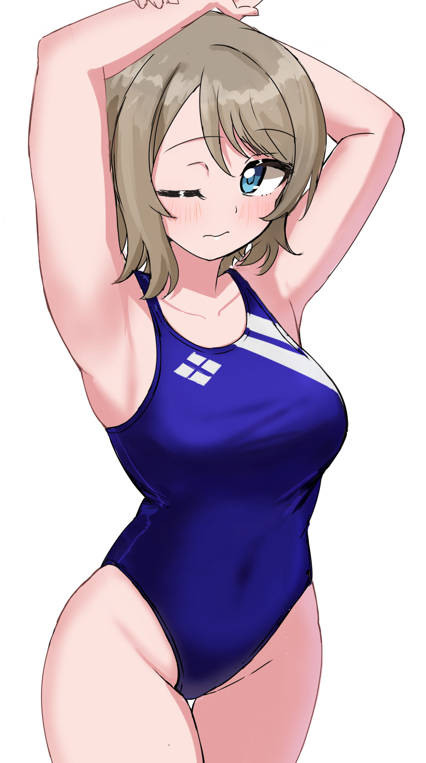 1girl absurdres blue_eyes blue_one-piece_swimsuit blush breasts brown_hair collarbone commentary_request competition_swimsuit cowboy_shot ereka exercising grey_hair highres looking_at_viewer love_live! love_live!_sunshine!! medium_breasts one-piece_swimsuit one_eye_closed short_hair simple_background solo stretching swimsuit watanabe_you white_background