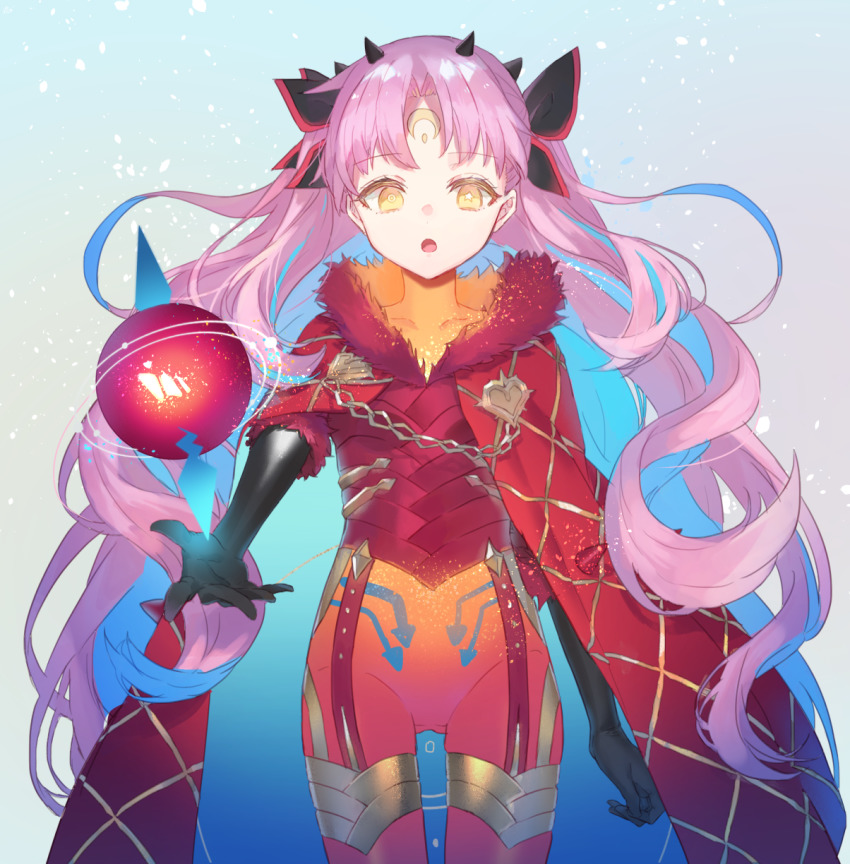 1girl black_bow black_gloves blue_hair bodysuit bow breasts crescent crescent_facial_mark elbow_gloves facial_mark fate/grand_order fate_(series) forehead_mark fur_trim gloves hair_bow highres horns ishtar_(fate) long_hair looking_at_viewer multicolored_hair open_mouth parted_bangs pink_hair red_bodysuit solo space_ishtar_(fate) space_ishtar_(third_ascension)_(fate) star-shaped_pupils star_(symbol) symbol-shaped_pupils thighs two-tone_hair two_side_up yellow_eyes