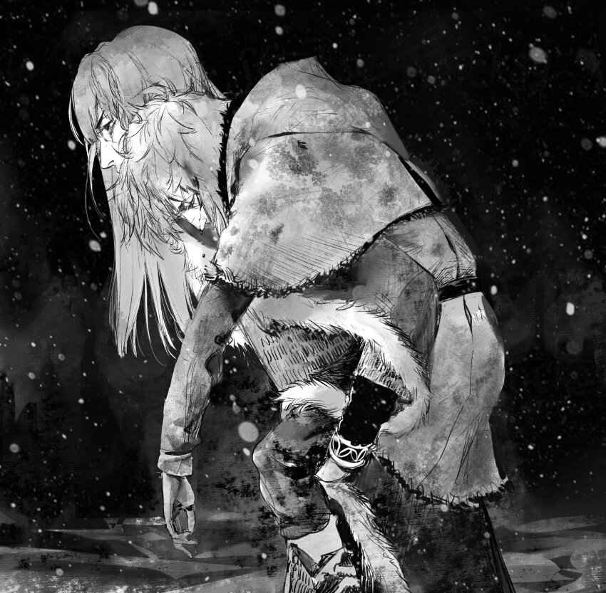 2boys canute carrying carrying_person cloak fieroo fur_trim highres hood long_hair male_focus messy_hair monochrome multiple_boys night outdoors profile snow snowing thorfinn vinland_saga