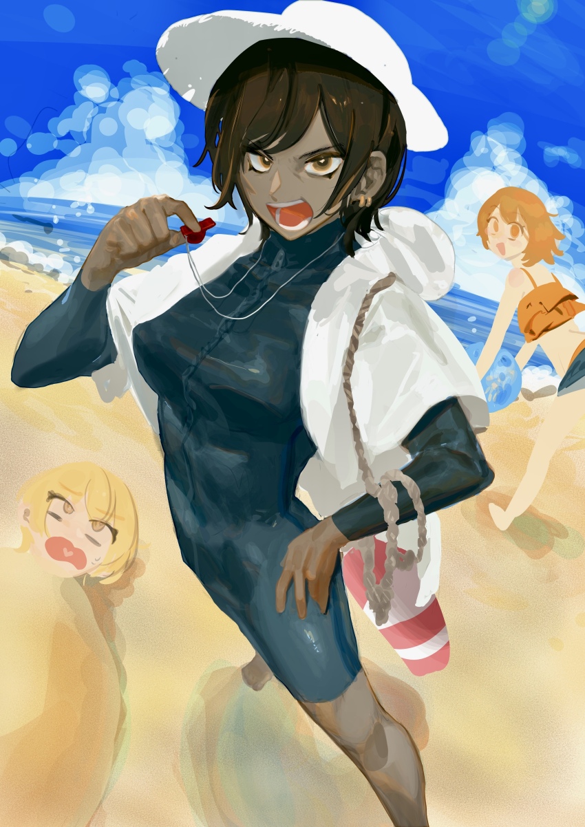 1boy 2girls absurdres beach bikini blonde_hair blue_bodysuit bodysuit breasts brown_eyes brown_hair dark-skinned_male dark_skin don_quixote_(project_moon) earrings hat highres innertube jewelry limbus_company looking_at_viewer medium_breasts multiple_girls nacaji open_mouth outis_(project_moon) project_moon rope short_hair sinclair_(project_moon) smile swim_ring swimsuit white_hat yellow_bikini yellow_eyes