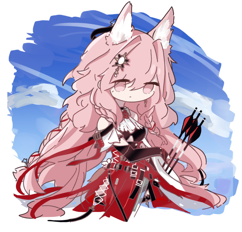 1girl animal_ears arknights arrow_(projectile) ascot banbon bare_shoulders black_bra black_gloves bra braid chibi cowboy_shot elbow_gloves extra_ears gloves hair_ornament highres long_hair looking_at_viewer pink_eyes pink_hair pozyomka_(arknights) red_ribbon red_skirt ribbon skirt solo underwear very_long_hair white_ascot wolf_ears wolf_girl