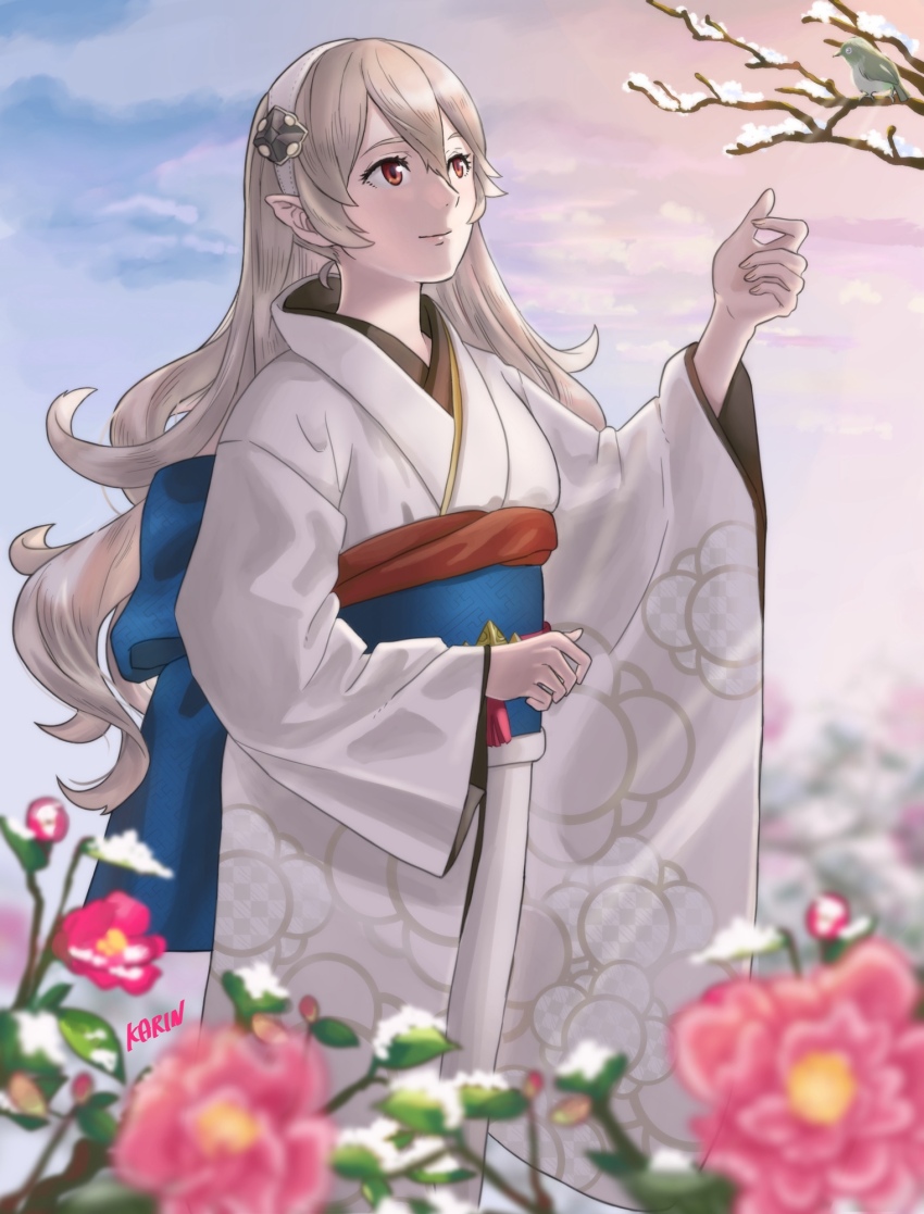 1girl arm_up bare_tree bird blonde_hair blurry blurry_background blurry_foreground corrin_(female)_(fire_emblem) corrin_(fire_emblem) fire_emblem fire_emblem_fates flower hairband highres japanese_clothes karrincorrin kimono looking_up nintendo outdoors pink_flower pointy_ears print_kimono red_eyes snow standing tree white_hairband white_kimono