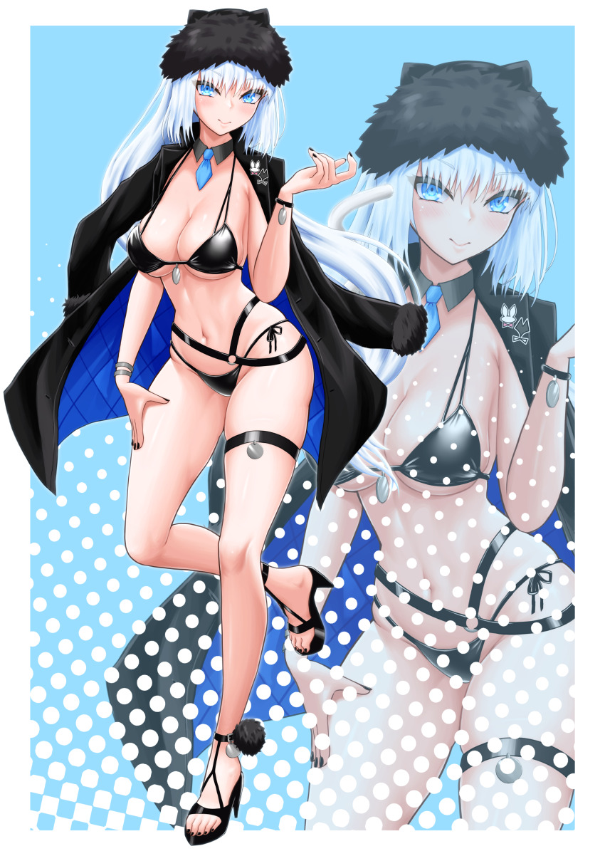 absurdres bikini black_bikini black_hat black_jacket black_nails blue_background blue_eyes blue_necktie blush bracelet breasts cat_girl cleavage detached_collar dobrynya_nikitich_(fate) dobrynya_nikitich_(swimsuit_lancer)_(fate) dobrynya_nikitich_(swimsuit_lancer)_(first_ascension)_(fate) fate/grand_order fate_(series) fur-trimmed_headwear fur_hat fur_trim grey_hair hand_on_own_thigh hat high_heel_sandals highres jacket jacket_on_shoulders jewelry looking_at_viewer nail_polish navel necktie polka_dot polka_dot_background pucci-la-pucci short_necktie silver_bracelet smile swimsuit thigh_strap toenail_polish toenails zoom_layer