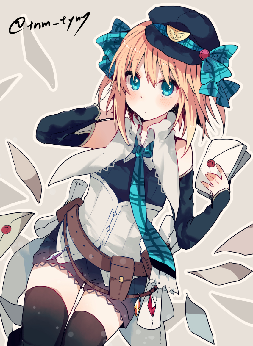 1girl arm_behind_head artist_name bad_id bad_pixiv_id belt belt_pouch beret black_thighhighs blonde_hair blue_bow blue_eyes blush bow collared_shirt corset envelope female_focus gloves grey_background hair_bow half_gloves hat hat_bow highres holding holding_letter ie ikeuchi_tanuma letter looking_at_viewer male_focus necktie original plaid_bow pouch scroll shirt short_hair shorts simple_background sleeveless solo thighhighs twitter_username two_side_up