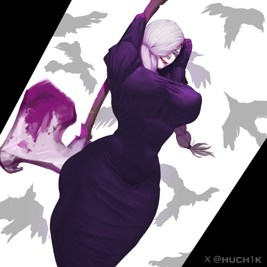 absurdres bird black_dress breasts crow dress highres huchik huge_breasts jujutsu_kaisen large_breasts mei_mei_(jujutsu_kaisen) thick_thighs thighs white_hair wide_hips