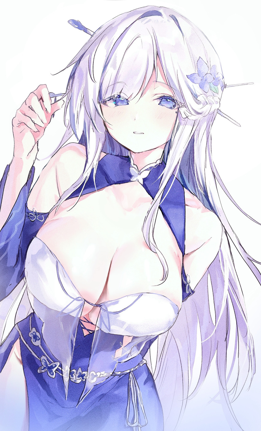 1girl absurdres blue_eyes braid breast_curtains breasts cleavage commission detached_sleeves dress dutch_angle eyebrows_hidden_by_hair flower hair_flower hair_ornament hair_stick highres irohatomo large_breasts lenhee_(kaito) light_purple_hair long_dress long_hair looking_at_viewer mole mole_under_eye no_panties original parted_lips pixiv_commission side_slit sidelocks simple_background solo very_long_hair white_background