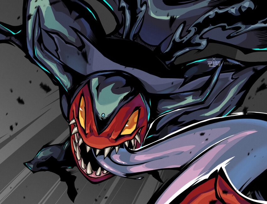 black_cape black_skin blurry blurry_foreground cape colored_skin debris demon_boy digimon digimon_(creature) donedevimon grey_background highres long_tongue ridgeone sharp_teeth simple_background solo teeth tongue tongue_out yellow_eyes