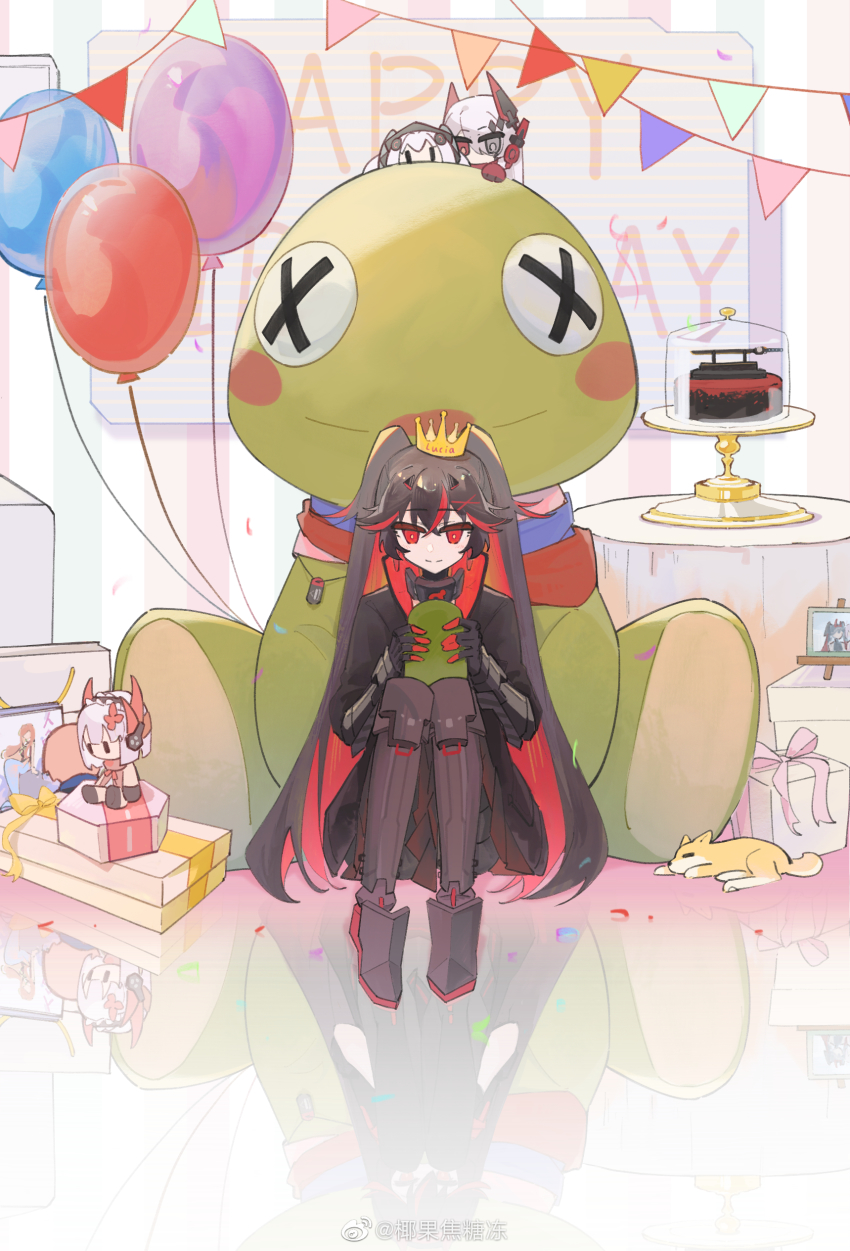 1girl absurdres balloon birthday birthday_cake cake dog food full_body gift highres liv_(pgr) looking_down lucia:_crimson_abyss_(pgr) lucia:_plume_(pgr) lucia_(pgr) luna:_laurel_(pgr) luna_(pgr) multicolored_hair punishing:_gray_raven reflective_floor sitting smile solo streaked_hair stuffed_animal stuffed_toy table ye_guo_jiaotang_dong