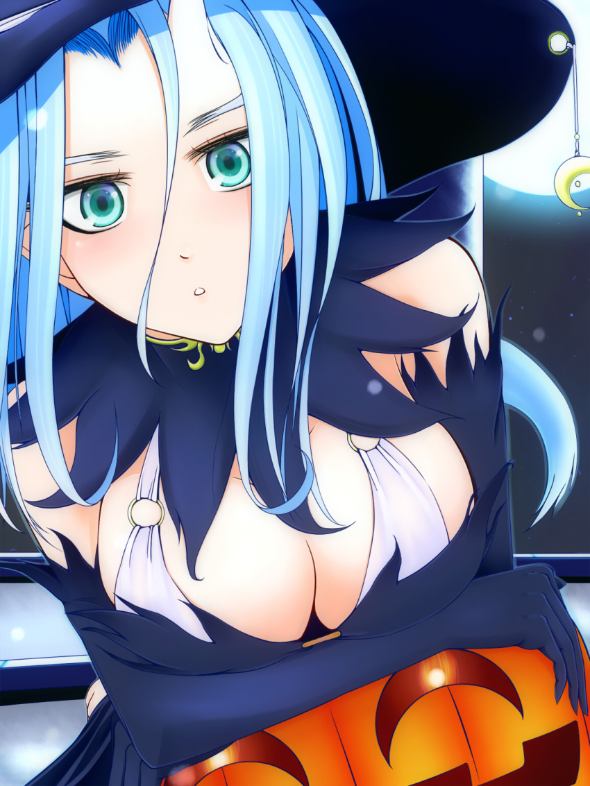 1girl blue_eyes breasts dark_souls_(series) dark_souls_i dragon_girl freedays0197 green_eyes halloween hat highres horns jack-o&#039;-lantern large_breasts long_hair looking_at_viewer monster_girl priscilla_the_crossbreed slit_pupils solo tail white_hair witch_hat