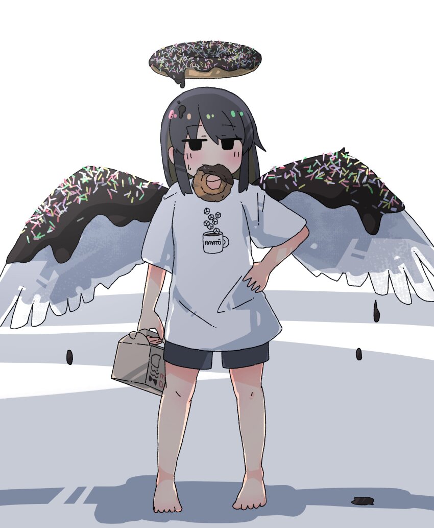 1girl absurdres angel barefoot black_eyes black_hair black_shorts blush box breasts cardboard_box chocolate_icing clothes_writing coffee commentary doughnut doughnut_halo drink dripping feathered_wings food food_in_mouth full_body grey_background hand_on_own_hip highres holding holding_drink jitome kani_aji looking_at_viewer medium_hair messy mouth_hold original print_shirt romaji_text shadow shirt short_sleeves shorts small_breasts solo sprinkles standing sweatdrop t-shirt white_background white_shirt white_wings wings