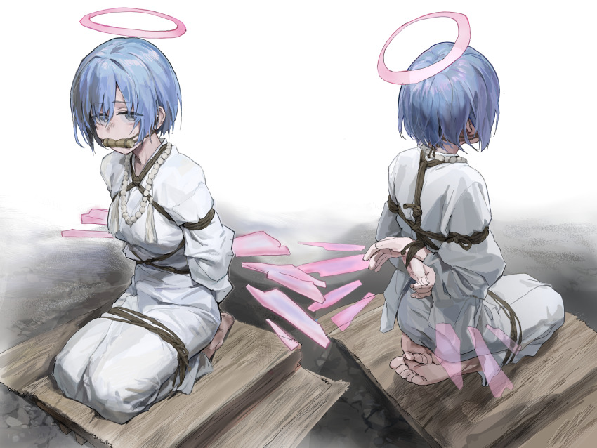 1girl a_tea arknights arms_behind_back bdsm blue_hair bondage bound breasts detached_wings disembodied_hand energy_wings full_body gagged halo highres how_to japanese_clothes looking_at_viewer medium_breasts multiple_views seiza shibari short_hair sitting spuria_(arknights) wings yellow_eyes