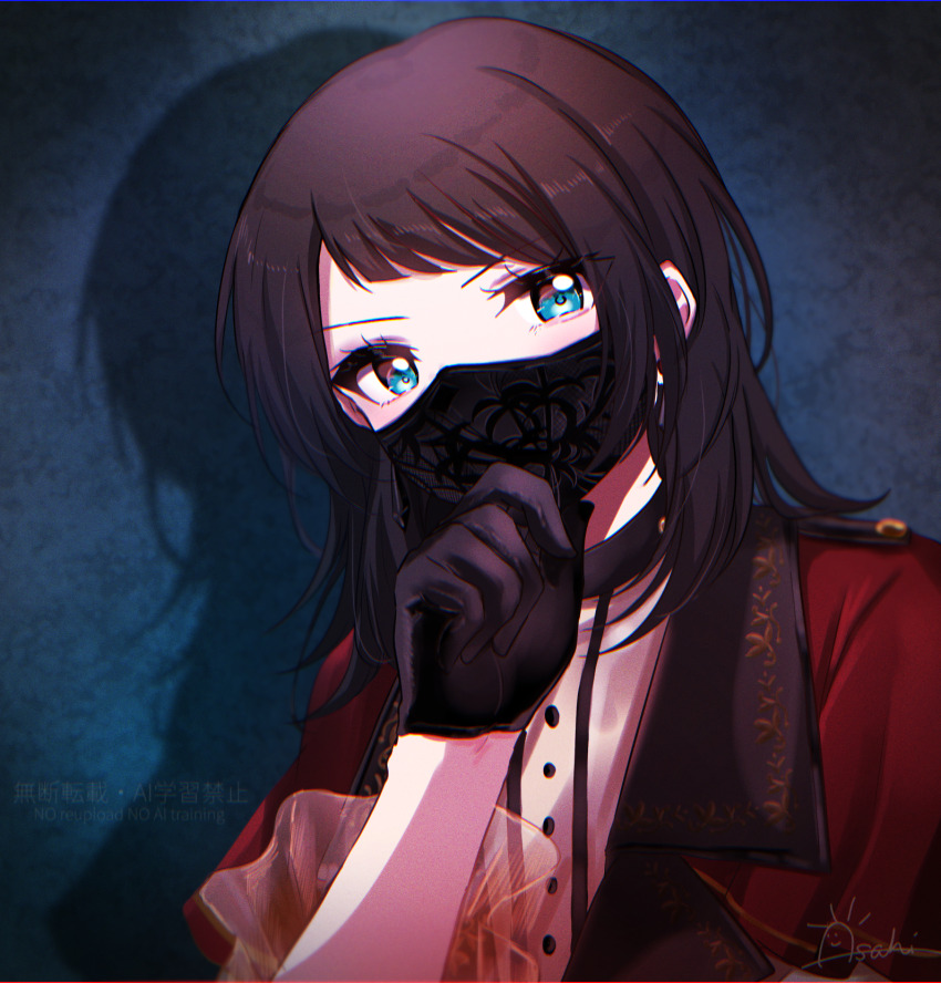 1girl asahi_rise bang_dream! bang_dream!_it&#039;s_mygo!!!!! black_gloves black_hair black_mask blue_eyes capelet chromatic_aberration commentary_request earrings gloves hand_up highres jewelry looking_at_viewer mask mouth_mask red_capelet shirt solo timoris_(bang_dream!) upper_body watermark white_shirt yahata_umiri