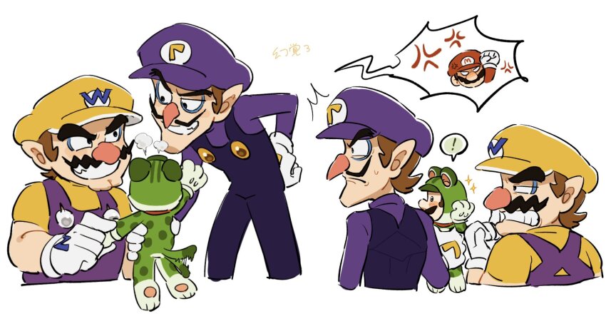 4boys animal_costume blue_eyes cat_costume cat_luigi facial_hair gloves hat highres long_sleeves luigi mario mario_(series) mimimi_(mimimim9999) multiple_boys mustache nintendo overalls purple_shirt shirt short_hair super_mario_3d_world waluigi wario yellow_shirt