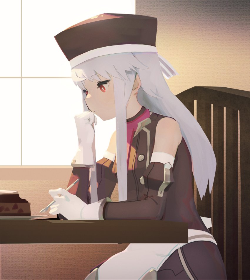 1girl absurdres alice_gear_aegis apron book brown_dress brown_hat dress elbow_gloves gloves hat highres jinguuji_mari paper pen red_eyes sitting snlivis50 solo white_gloves white_hair window writing