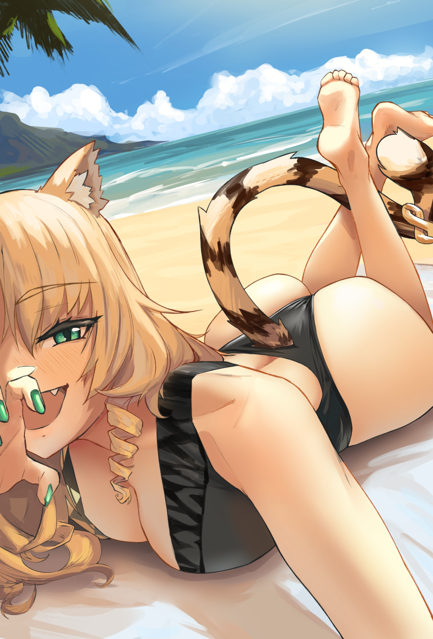 1girl absurdres animal_ears arknights ass barefoot blonde_hair breasts cleavage green_nails highres looking_at_viewer open_mouth outdoors radioneet smile solo swimsuit swire_(arknights) tail tiger_ears tiger_girl tiger_tail