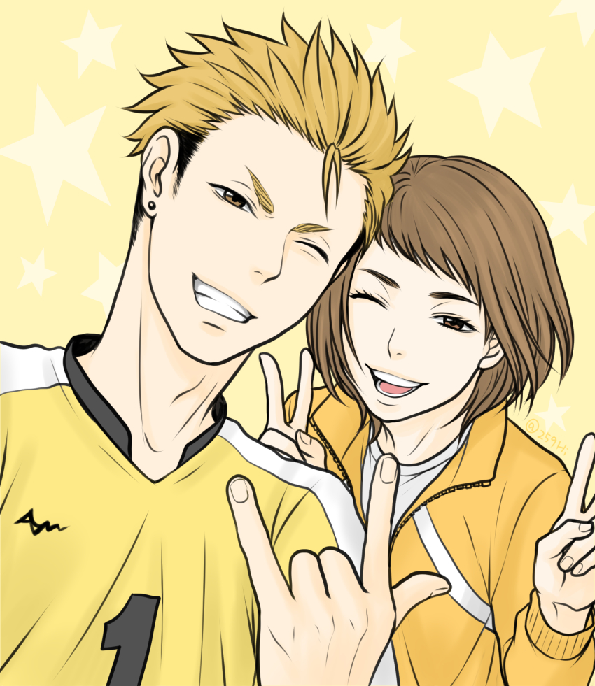 1boy 1girl \m/ blonde_hair brown_hair facing_viewer grin haikyuu!! hand_up hi-259 highres jacket looking_at_viewer misaki_hana multicolored_hair one_eye_closed shirt short_hair smile sportswear star_(symbol) terushima_yuuji track_jacket two-tone_hair v volleyball_uniform