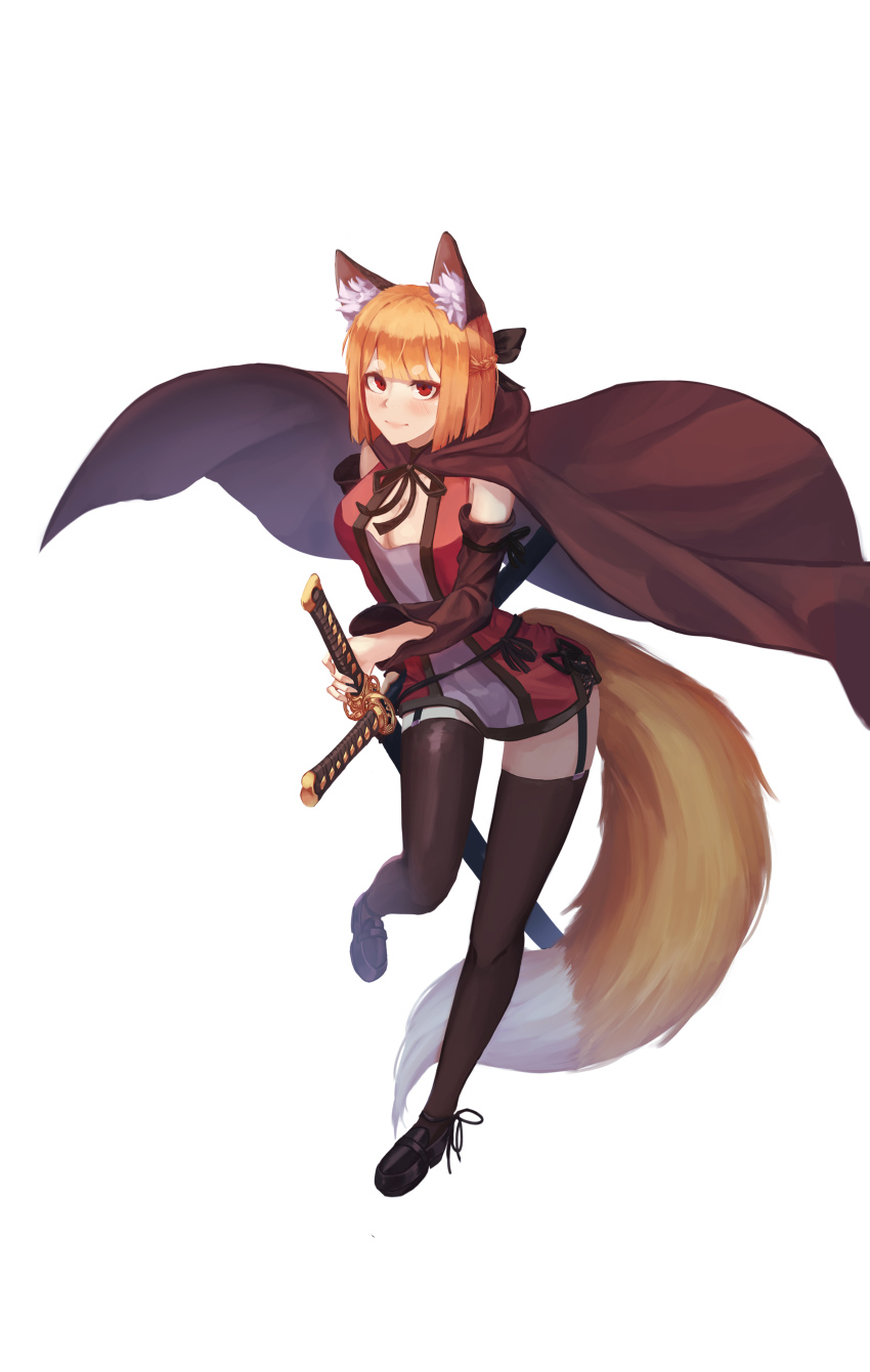 1girl absurdres animal_ear_fluff animal_ears bad_id bad_pixiv_id blonde_hair bob_cut braid breasts cape cleavage commentary_request detached_sleeves dress female_focus fox_ears fox_girl fox_tail french_braid full_body garter_straps highres hukajiro katana korean_commentary original red_eyes ribbon saya_(scabbard) sheath sheathed short_hair sleeveless sleeveless_dress solo sword tail thighhighs weapon white_background