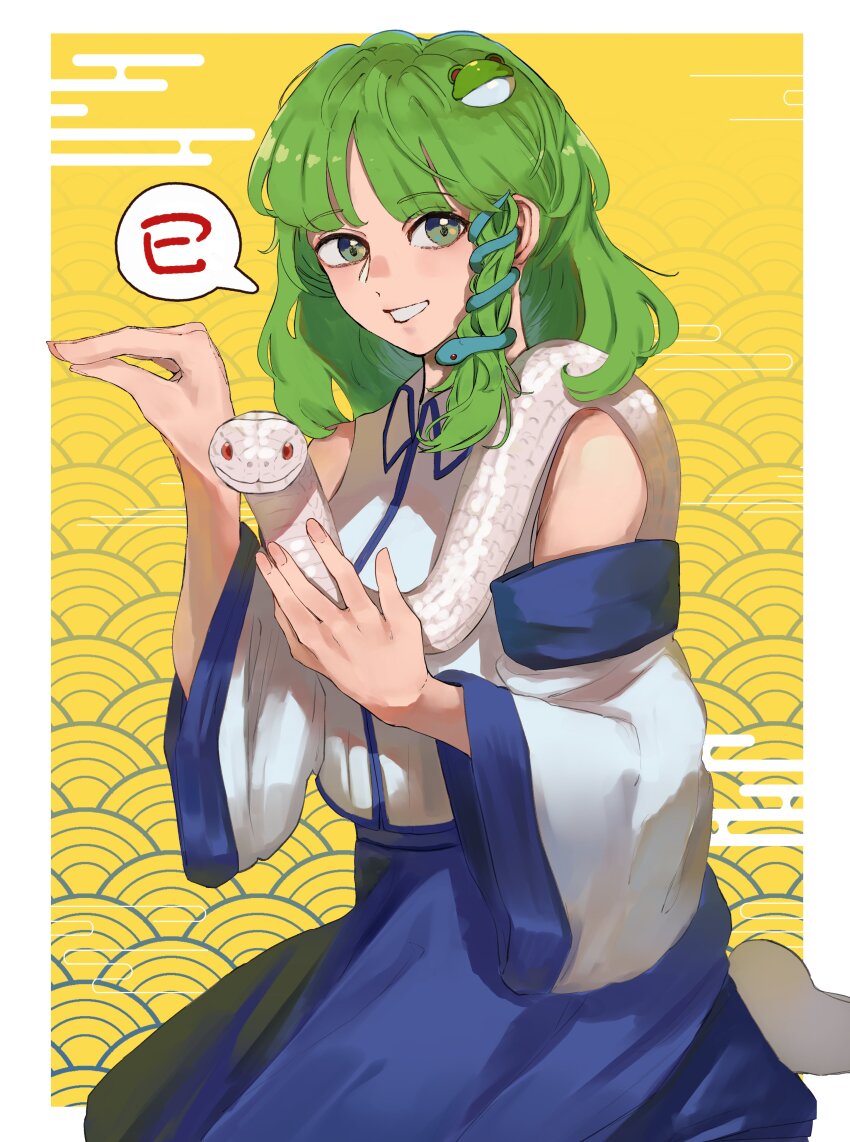 1girl absurdres bare_shoulders blue_skirt breasts collared_shirt commentary_request detached_sleeves frog_hair_ornament green_eyes green_hair grin hair_bun hair_ornament highres kochiya_sanae long_sleeves looking_at_viewer medium_breasts nanaironokabi seiza shirt single_side_bun sitting skirt smile snake snake_hair_ornament socks solo touhou translation_request upper_body white_shirt white_socks wide_sleeves