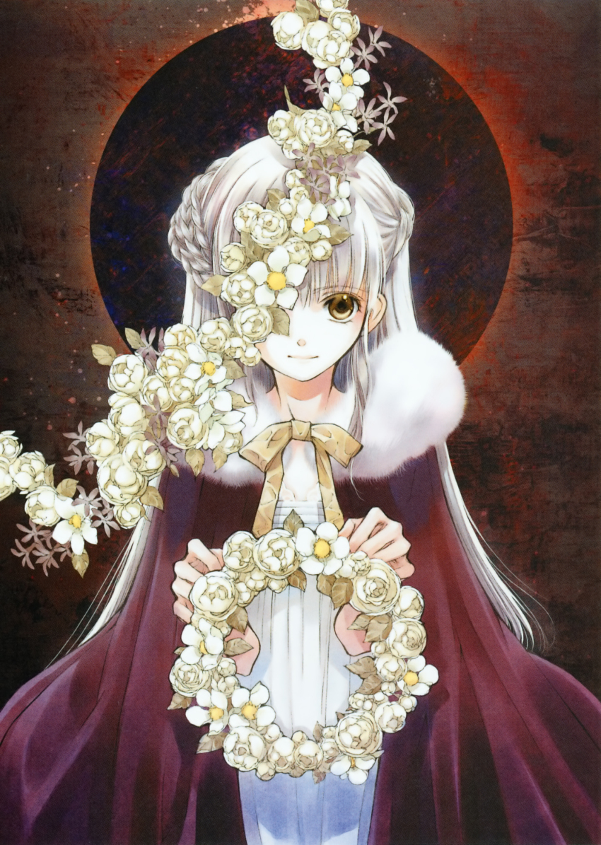 1girl braid cloak eclipse female_focus flower highres long_hair moon ribbon shiina_yuu smile solo white_hair wreath yellow_eyes