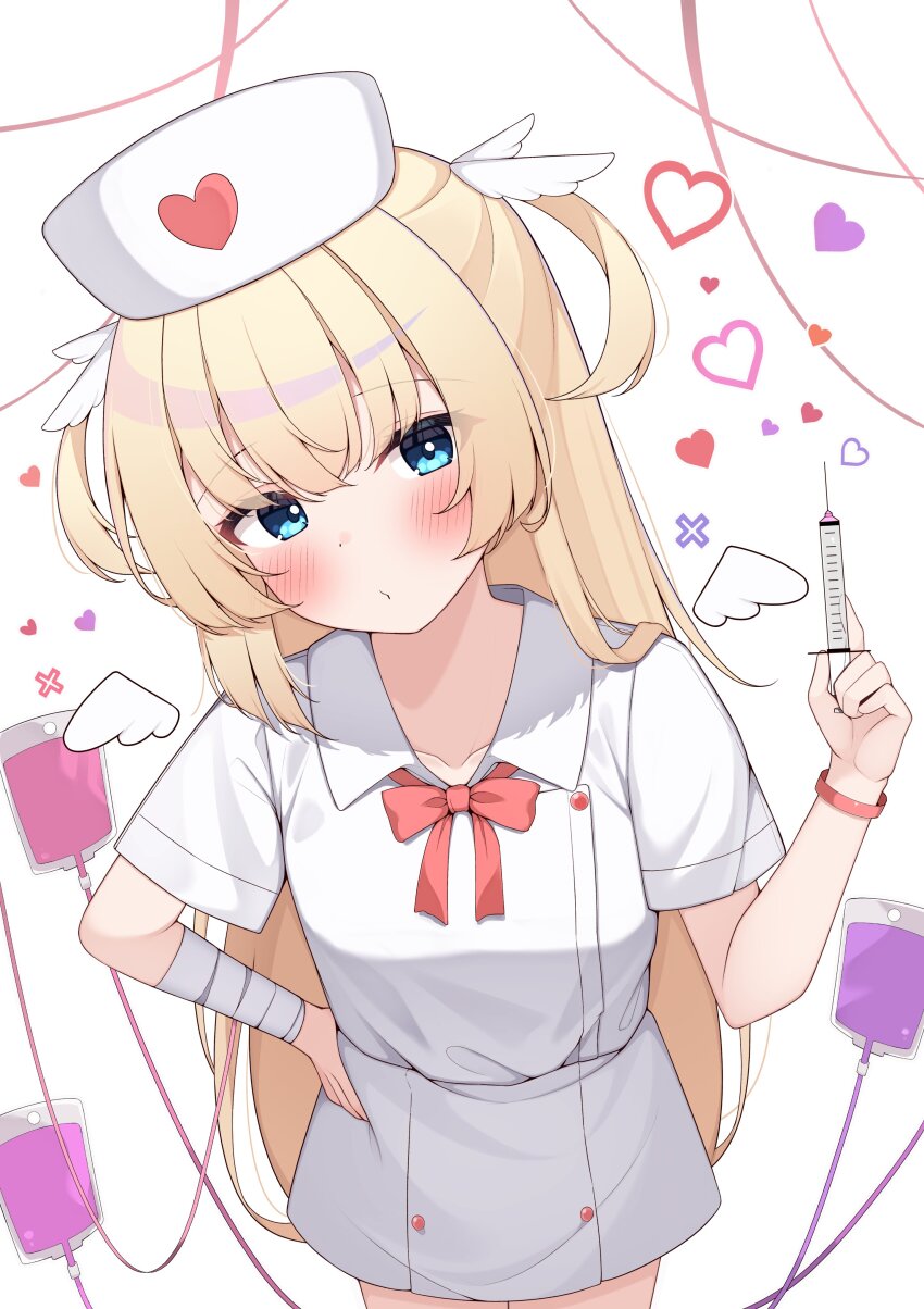 1girl absurdres alternate_costume bandaged_arm bandages blonde_hair blue_eyes blush bow bowtie collared_shirt commentary_request cowboy_shot eyes_visible_through_hair hair_between_eyes hair_over_shoulder hand_on_own_hip hand_up hat head_tilt heart heart_print highres holding holding_syringe intravenous_drip long_hair looking_at_viewer nurse nurse_cap puckered_lips red_bow red_bowtie shirayuki_noa shirt sidelocks simple_background skirt solo straight_hair syringe tenshi_souzou_re-boot! two_side_up very_long_hair white_background white_hat white_shirt white_skirt wing_hair_ornament yosh1na