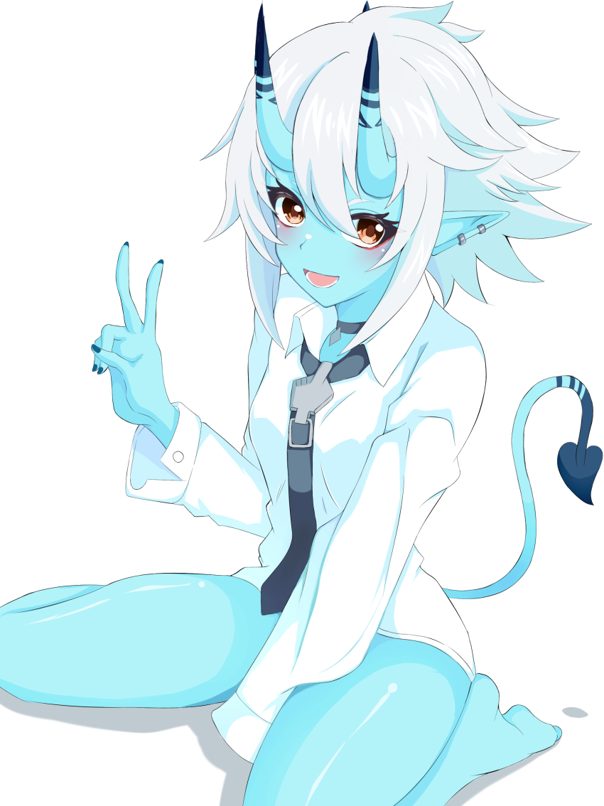 absurdres bare_shoulders blue_skin colored_skin dress_shirt hair_between_eyes highres horns long_hair looking_at_viewer necktie oni open_mouth pointy_ears red_eyes shirt short_hair sidelocks soukaku_(zenless_zone_zero) white_hair white_shirt x_tyf0h9 zenless_zone_zero