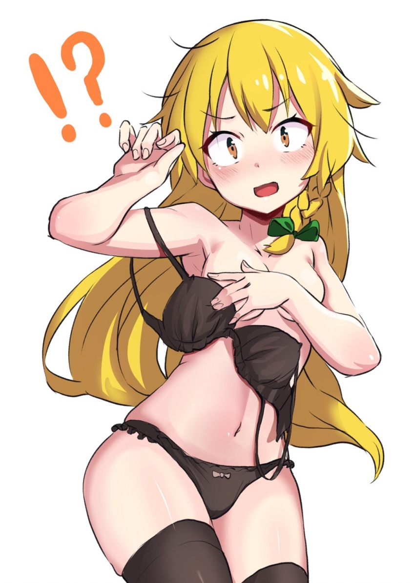 !? 1girl black_bra black_panties black_thighhighs blonde_hair blush bow bra braid breasts brown_eyes commentary_request cowboy_shot female_focus green_bow hair_bow highres isemori kirisame_marisa long_hair looking_at_viewer navel open_mouth panties side_braid simple_background skindentation small_breasts solo thighhighs touhou underwear underwear_only undressing white_background