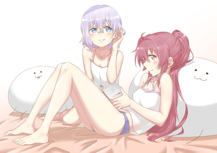 2girls bare_shoulders barefoot blue_eyes blush breasts cleavage closed_mouth collarbone dokka_no_kuni_no_kokuou glasses ikeda_chitose long_hair looking_at_viewer multiple_girls panties purple_eyes purple_hair purple_panties shiny_skin short_hair simple_background sitting small_breasts smile stuffed_toy sugiura_ayano underwear underwear_only white_background white_hair yuru_yuri