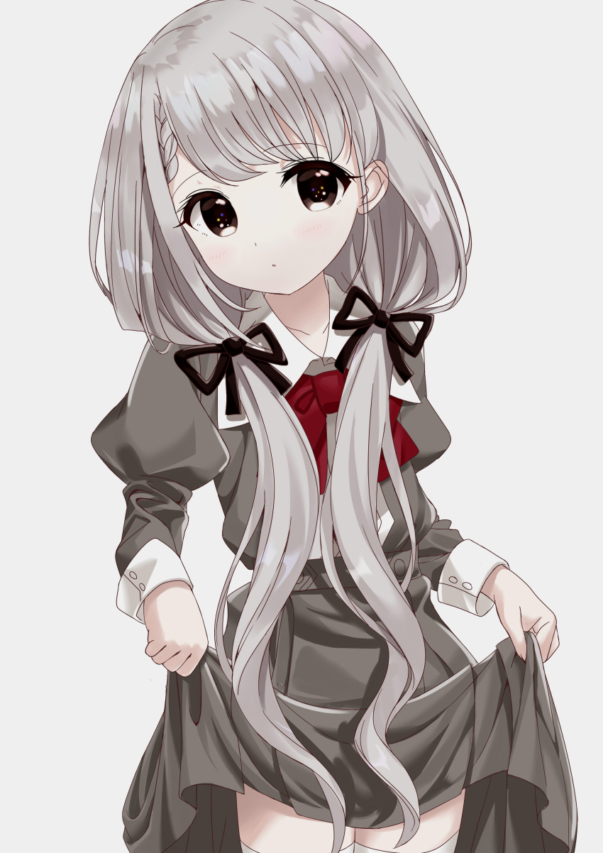 1girl absurdres black_ribbon bow braid braided_bangs brown_eyes closed_mouth collared_shirt commentary_request grey_background grey_hair grey_jacket grey_skirt hair_over_shoulder hair_ribbon highres hisakawa_nagi idolmaster idolmaster_cinderella_girls jacket juliet_sleeves long_sleeves looking_at_viewer low_twintails puffy_sleeves red_bow ribbon shirt simple_background skirt skirt_hold solo thighhighs twintails white_shirt white_thighhighs yata_(yatao_zzz)