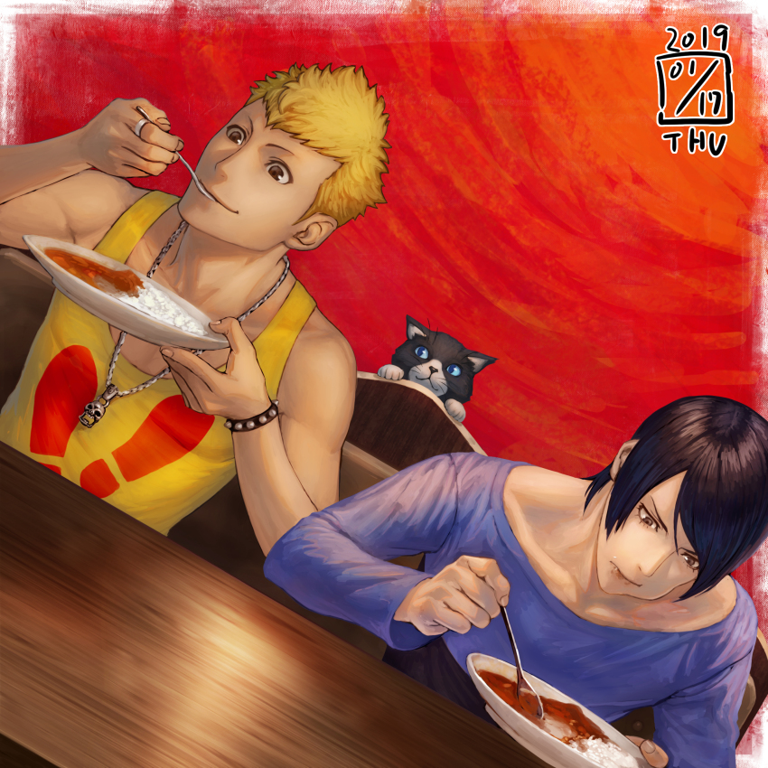 2019 2boys black_hair blonde_hair border cat curry curry_rice dutch_angle eating food highres holding holding_spoon ikeda_(cpt) kitagawa_yuusuke male_focus morgana_(cat)_(persona_5) morgana_(persona_5) multiple_boys persona persona_5 red_background rice sakamoto_ryuuji short_hair spoon swept_bangs white_border