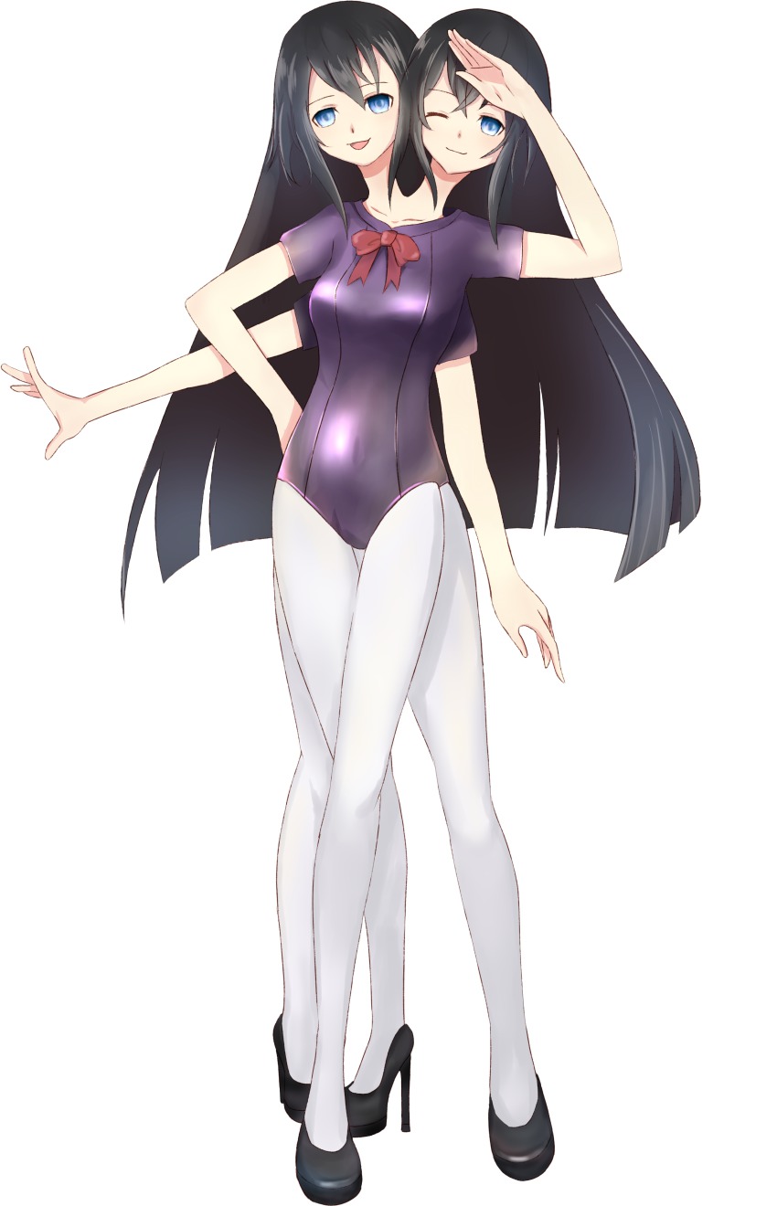 absurdres black_hair blue_eyes conjoined extra_arms high_heels highres leotard long_hair multiple_heads multiple_legs multiple_limbs one_eye_closed open_mouth pantyhose ribbon salute simple_background smile white_legwear wink