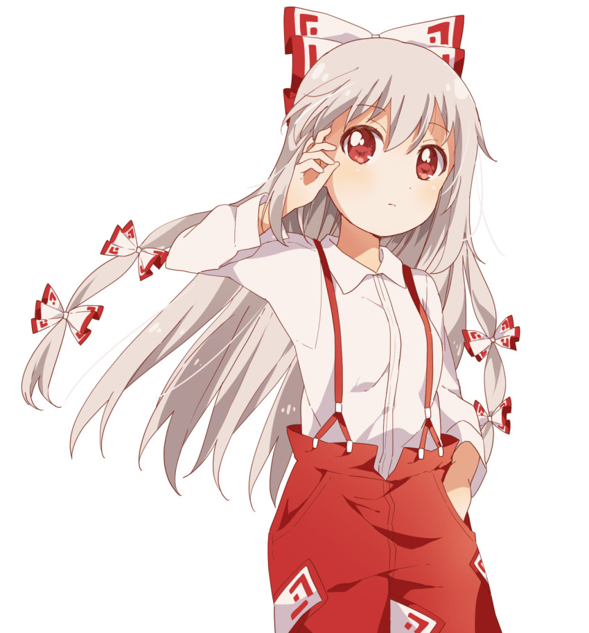 1girl bow closed_mouth collared_shirt cowboy_shot fujiwara_no_mokou grey_hair hair_bow hand_in_own_hair hand_in_pocket highres long_hair long_sleeves looking_at_viewer multiple_bows ofuda ofuda_on_clothes pants red_eyes red_pants sasaki_sakiko shirt simple_background solo standing suspenders touhou white_background white_shirt