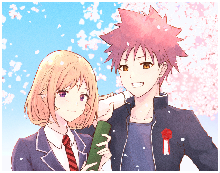 1boy 1girl black_jacket black_necktie black_shirt blonde_hair border braid cherry_blossoms closed_mouth collarbone collared_shirt grin highres holding jacket medium_hair nakiri_erina necktie official_alternate_hairstyle open_clothes open_jacket orange_eyes purple_eyes red_hair red_necktie shirt shokugeki_no_souma smile striped_necktie teeth toy-black upper_body white_border yukihira_souma