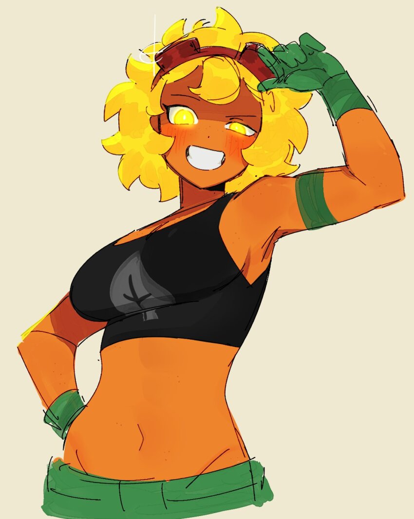 1girl bare_shoulders black_shirt blonde_hair blush breasts colored_skin commentary cropped_torso english_commentary firemauer gloves goggles goggles_on_head green_gloves green_shorts hand_on_own_hip highres looking_at_viewer medium_hair navel open_mouth orange_skin personification plants_vs_zombies shirt shorts simple_background sleeveless sleeveless_shirt smile solar_flare_(plants_vs_zombies_heroes) solar_flare_(plants_vs_zombies_heroes)_(peargor) solo teeth yellow_eyes