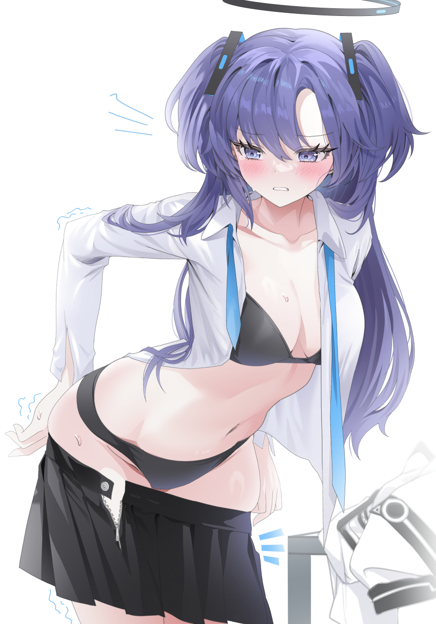 1girl absurdres black_bra black_halo black_panties black_skirt blue_archive blue_eyes blue_hair blue_necktie blush bra breasts clenched_teeth collarbone collared_shirt dark_blue_hair dot_nose frown halo highres laseri long_sleeves looking_down medium_breasts navel necktie open_clothes open_shirt panties parted_bangs shirt simple_background skirt solo sweatdrop teeth two_side_up underwear undressing unworn_clothes white_background white_shirt yuuka_(blue_archive) zipper_skirt