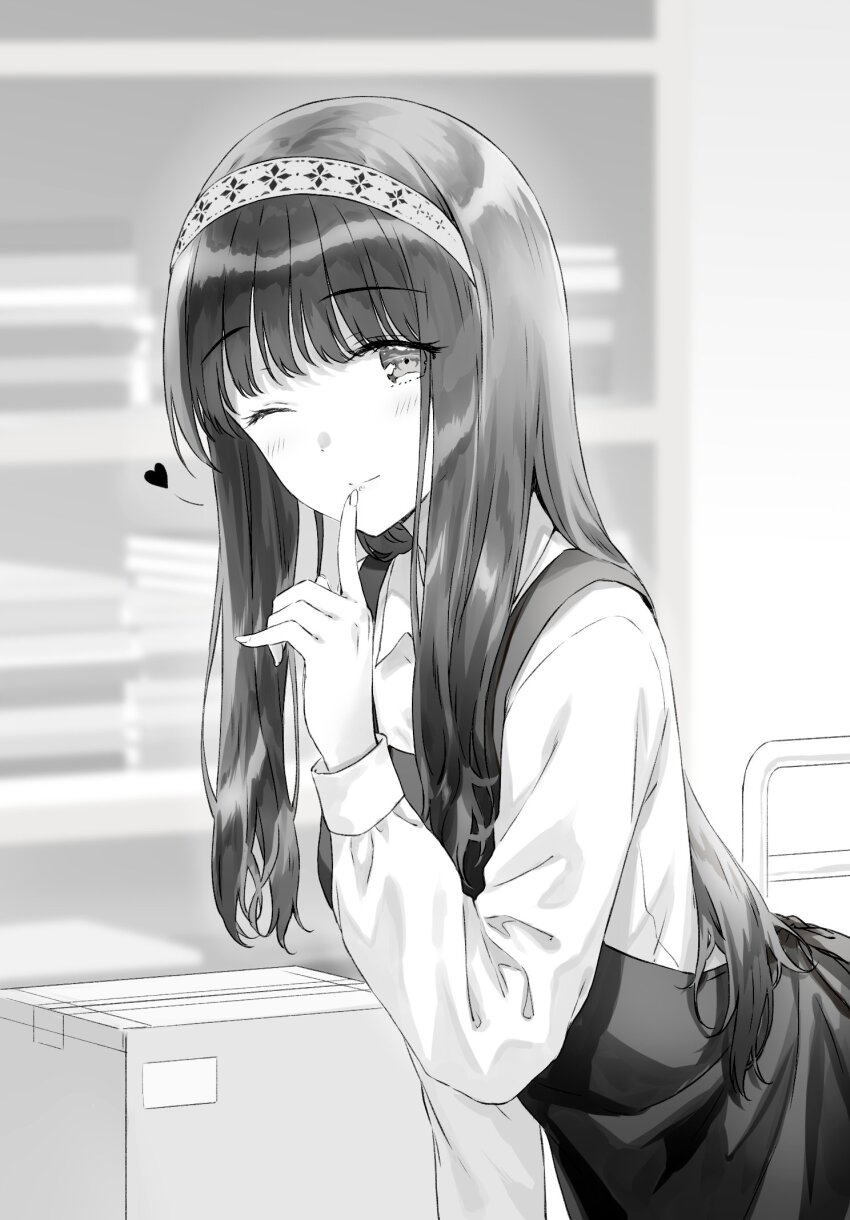 1girl ;) apron box cardboard_box closed_mouth commentary_request employee_uniform finger_to_mouth gimai_seikatsu greyscale hairband heart highres hiten_(hitenkei) leaning_forward light_blush long_hair long_sleeves looking_at_viewer monochrome novel_illustration official_art one_eye_closed second-party_source shushing smile solo yomiuri_shiori