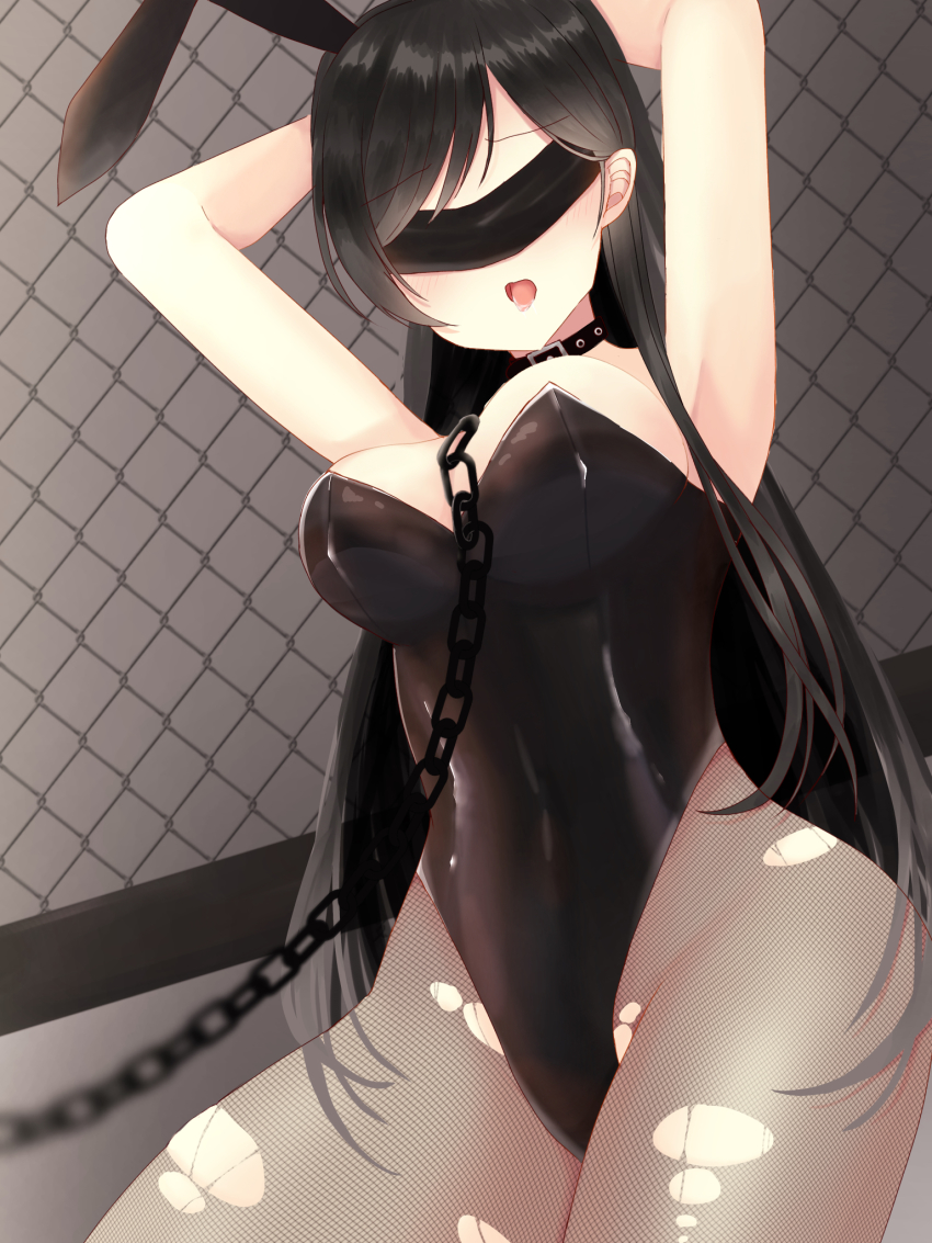 1girl animal_costume aoyagi_tsubaki armpits artist_request bdsm black_hair blindfold blush bound breasts chain choker d4dj highres large_breasts leotard long_hair open_mouth pantyhose playboy_bunny rabbit_ears saliva solo tagme tied_up tongue torn_clothes