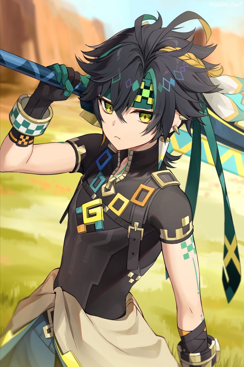 1boy arm_tattoo black_gloves black_hair closed_mouth earrings genshin_impact gloves green_eyes green_hair green_headband hair_between_eyes headband highres holding holding_weapon iroiro_0w0 jewelry kinich_(genshin_impact) looking_at_viewer male_focus multicolored_hair shirt short_hair short_sleeves solo tattoo weapon white_shirt