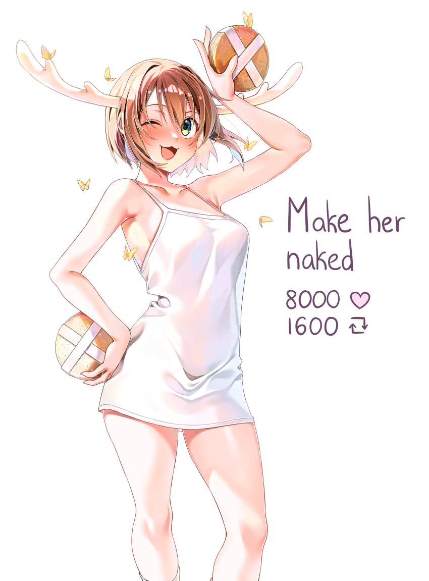 1girl :3 :d absurdres antlers arm_up blush breasts brown_hair bug butterfly commentary cowboy_shot deer_antlers deer_cracker dress english_commentary english_text food green_eyes hand_on_own_hip highres holding holding_food horns insect large_breasts looking_at_viewer machulanko meme one_eye_closed open_mouth shikanoko_noko shikanoko_nokonoko_koshitantan short_hair simple_background smile solo standing thighs twitter_strip_game_(meme) white_background white_dress