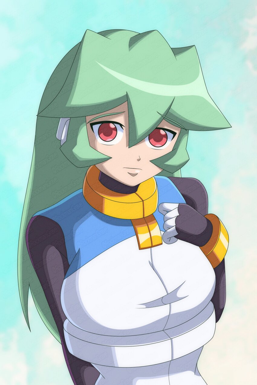 1girl absurdres blue_shirt breasts green_eyes high-waist_skirt highres large_breasts long_hair looking_at_viewer mega_man_(series) mega_man_zx pandora_(mega_man) red_eyes robot_ears rockmangrave shirt skirt sleeveless sleeveless_shirt solo upper_body white_shirt white_skirt